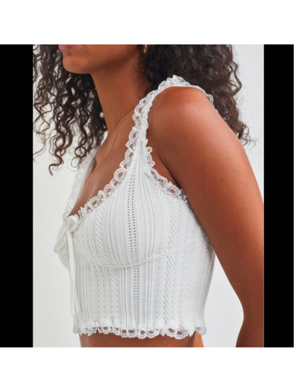 Women's For Love & Lemons White Lace Trim Knit Tank Top L Dainty Romantic